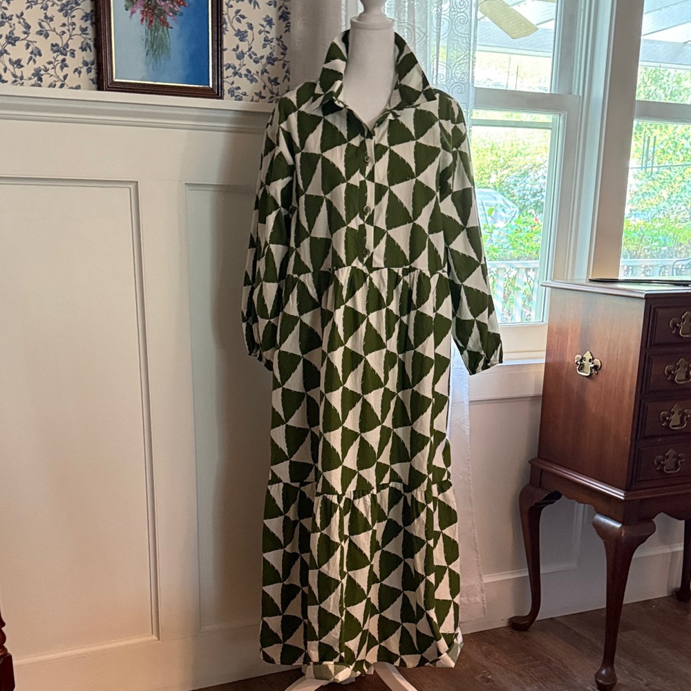Maeve Green and White Geometric Midi Dress